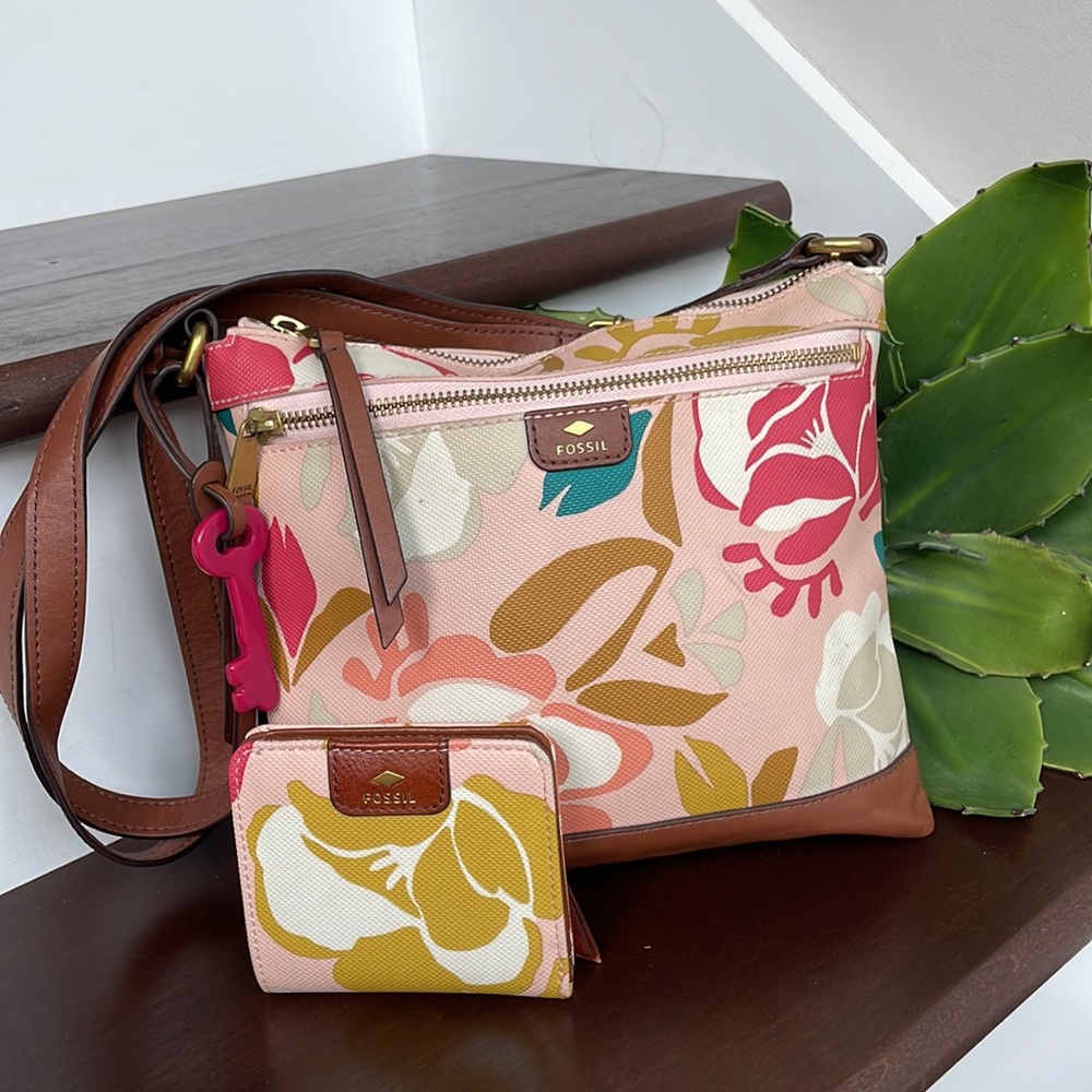 Fossil set genuine Leather Crossbody shoulder bag Handbag floral wallet set